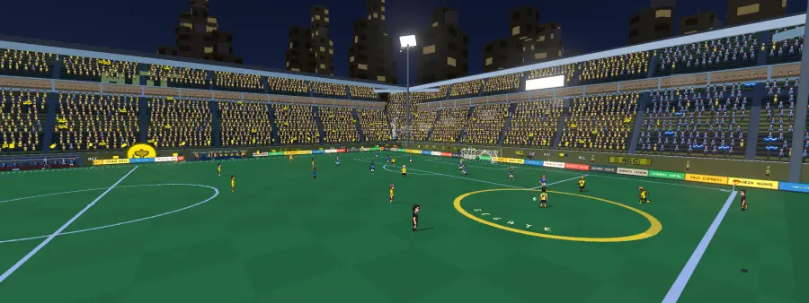 Estadio nocturno con los rascacielos de la ciudad detrás de la grada