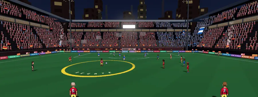 Estadio de noche con la grada vestida de rojo de lado a lado
