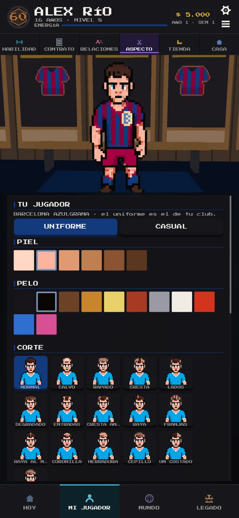 La pantalla de estilo con el uniforme y el aspecto del jugador