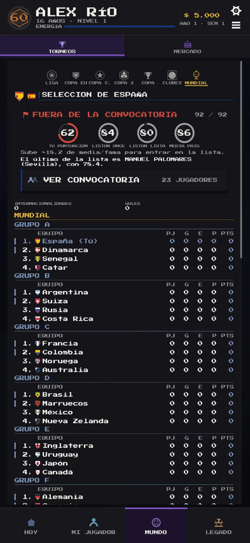 La pantalla de la selección nacional con la convocatoria